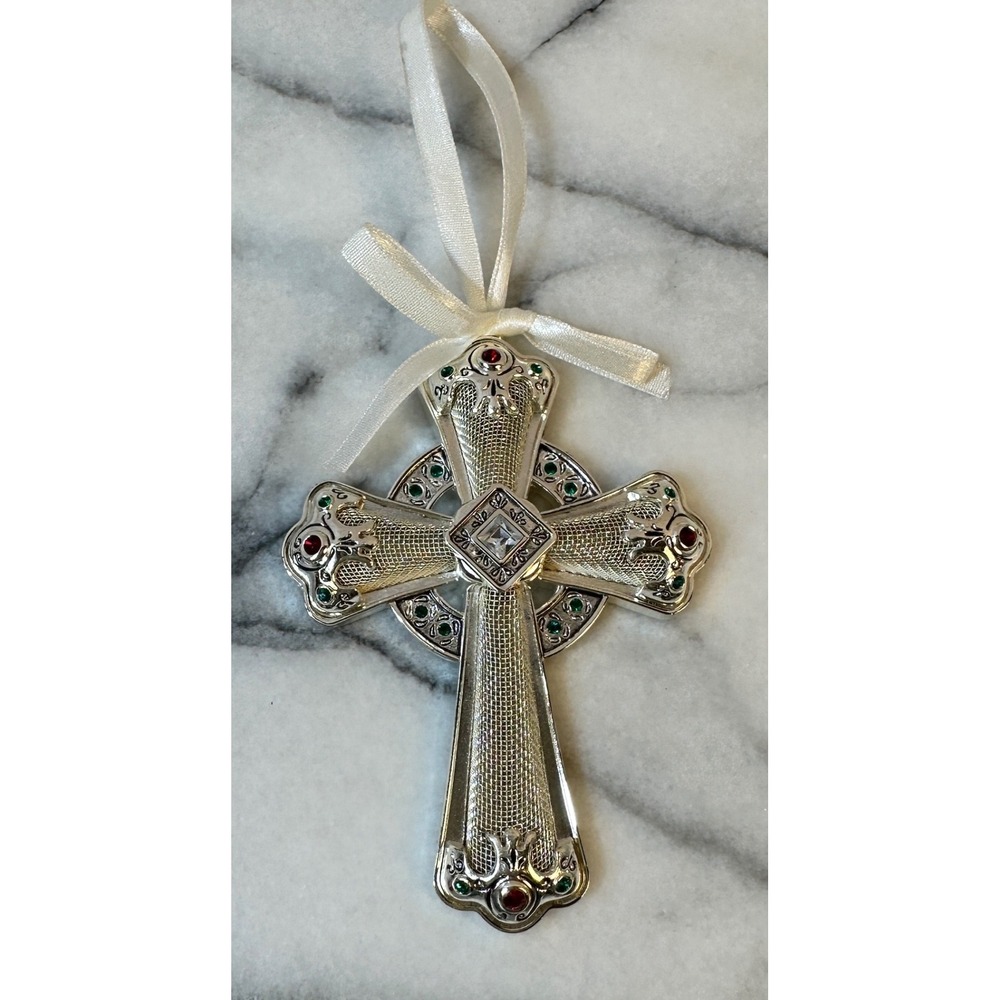 Towle Silver Plated Celtic Cross Christmas Ornament Jeweled Rhinestones 4.25in
